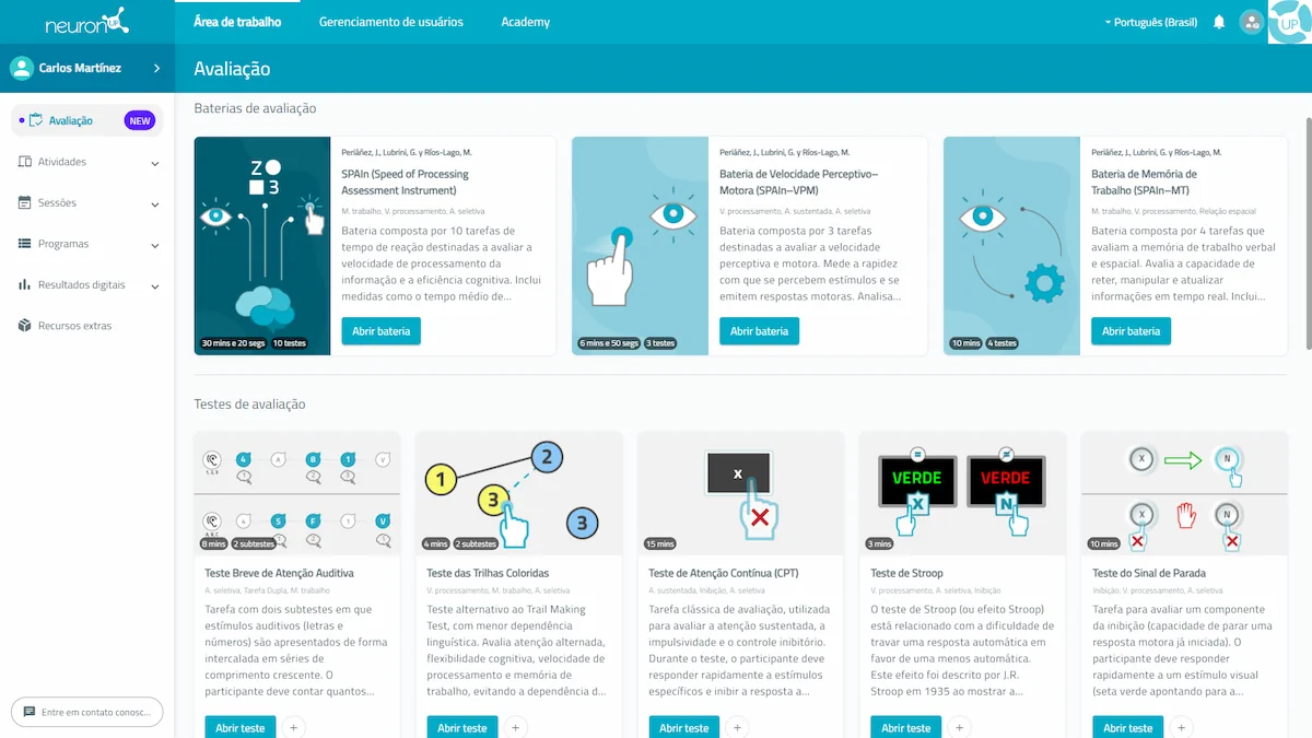 Interface da Plataforma de Avaliação NeuronUP em Português Brasileiro