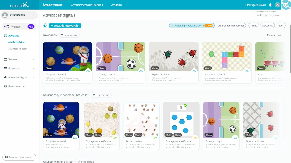 Interface da Plataforma de NeuronUP em Português Brasileiro