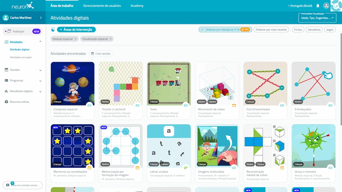 Atividades do NeuronUP para as habilidades visuoespaciais