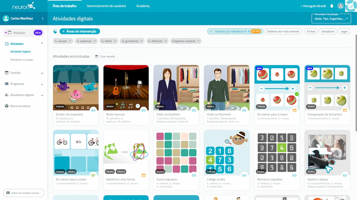 Atividades da NeuronUP destinadas à reabilitação das gnosias.