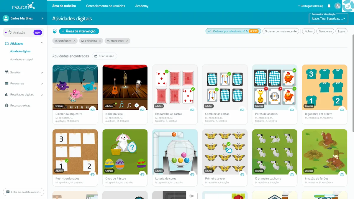 Atividades da NeuronUP destinadas à reabilitação da memória.