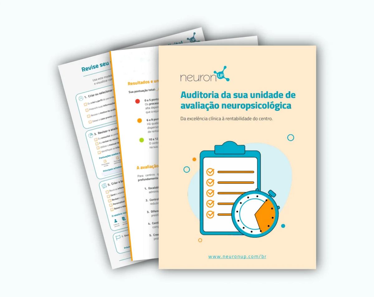 Capa e páginas do guia Auditoria da sua unidade de avaliação neuropsicológica, da NeuronUP.