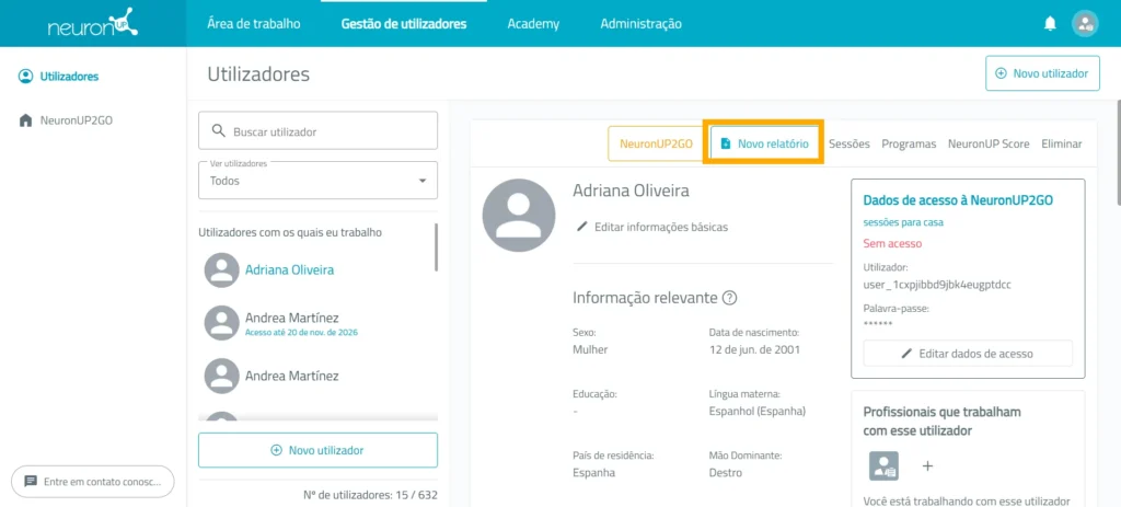 Selecione “Novo relatório” – NeuronUP