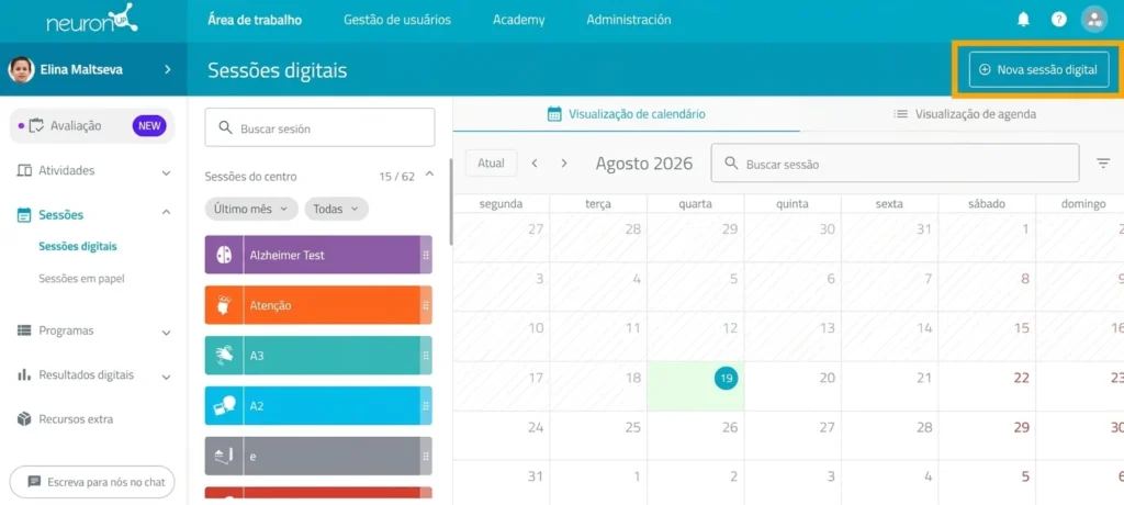 Clique em “Nova sessão digital” – NeuronUP