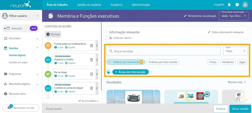 Filtre e adicione as atividades – NeuronUP