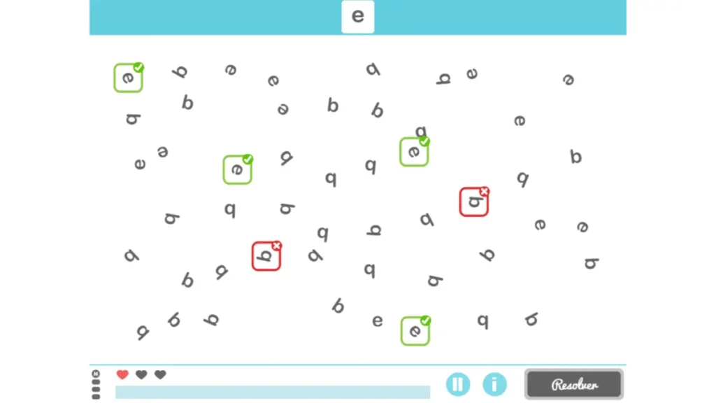 NeuronUP-Generator zur Förderung der visuospatialen Fähigkeiten und der selektiven Aufmerksamkeit bei Kindern: Gedrehte Buchstaben.