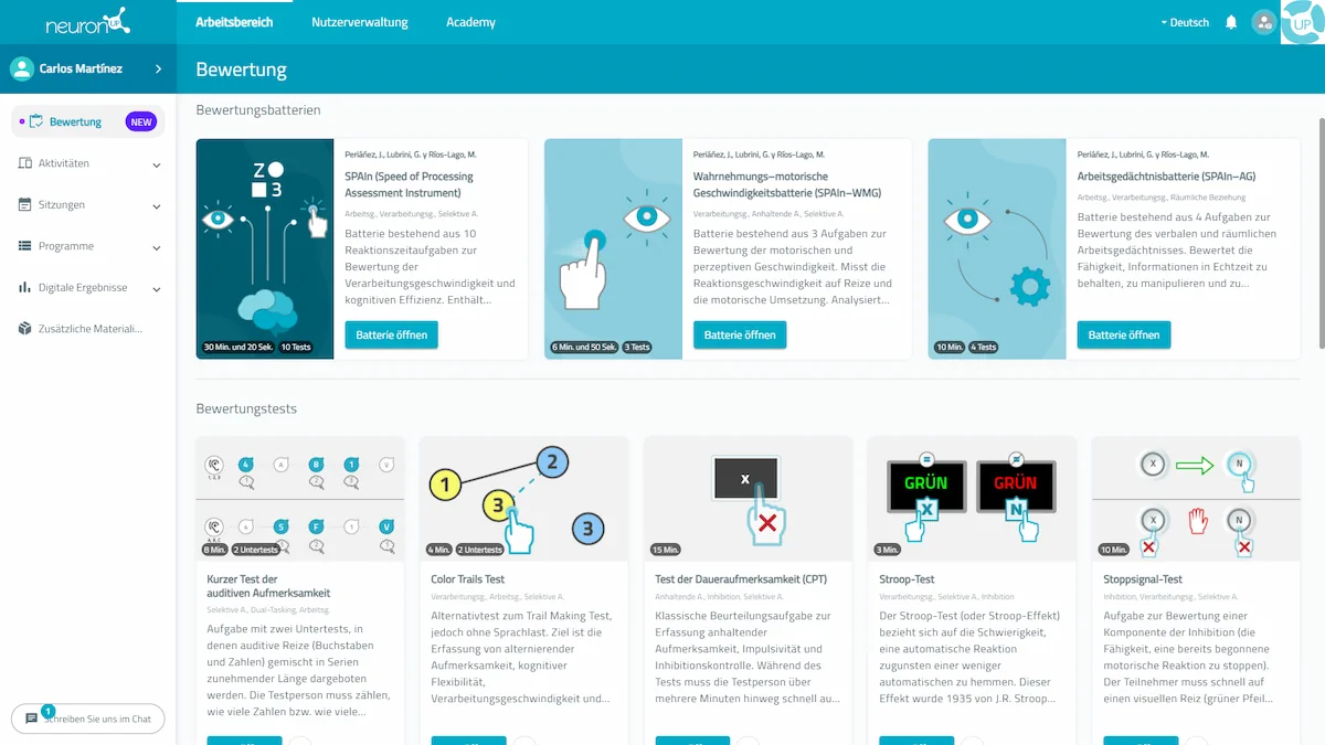 Benutzeroberfläche der NeuronUP Assessment-Plattform auf Deutsch