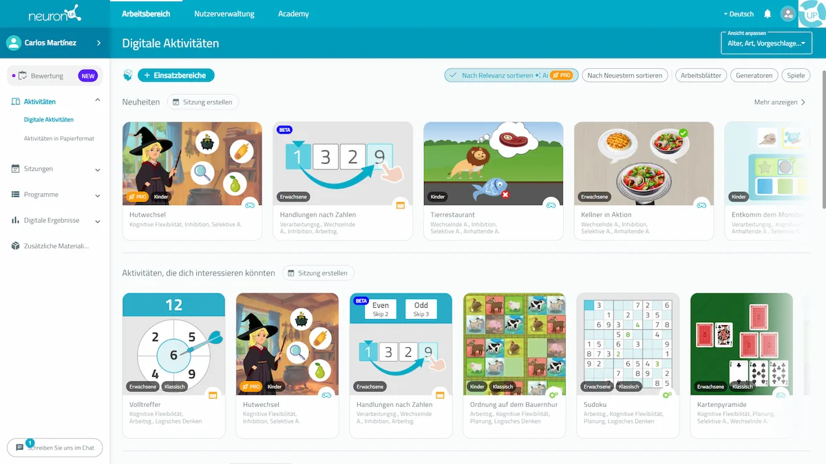 Benutzeroberfläche der NeuronUP-Plattform auf Deutsch