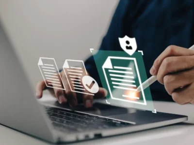 Illustration einer Person mit Laptop, die Dokumente und ein Bestätigungssymbol auf dem Bildschirm sieht und einen Eingabestift verwendet.