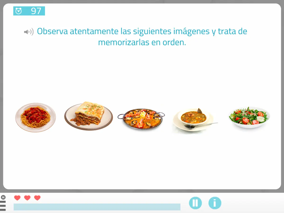 Von links nach rechts angeordnete Reihe von Speisen: Spaghetti, Lasagne, Paella, Suppe und Salat, als Übung zum Ordnen von Sequenzen.