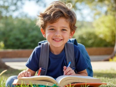 Lächelndes kleines Kind liegt auf einer Wiese und liest ein aufgeschlagenes Buch; lockiges Haar, blaues T-Shirt, Rucksack und Pflanzen.