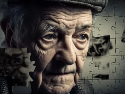 Melancholisches Gesicht eines älteren Menschen, umgeben von verstreuten Puzzleteilen, einige davon in Schwarz-Weiß.