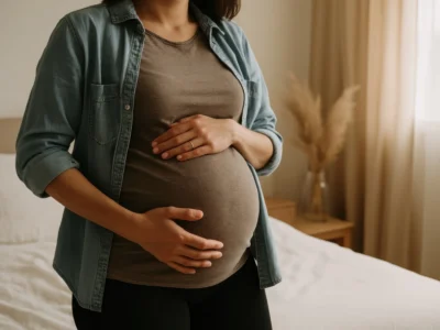 Schwangere Frau im Profil, die in einem warmen Innenraum steht, eine Hand auf dem Bauch und sanftes natürliches Licht.