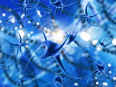 Stilisierte Darstellung eines von neuropsychologischen Testsymbolen und Chemotherapie-Symbolen umgebenen Gehirns, CRCI.