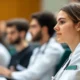 Gruppe im Unterricht analysiert digitale Tools zur kognitiven Stimulation mit Tablets; im Vordergrund eine junge Frau im Kittel.