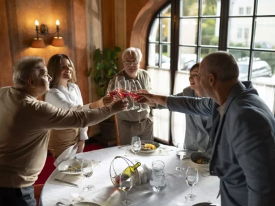 Gruppe von fünf Menschen, die in einem eleganten Restaurant anstoßen, mit sichtbarem NeuronUP-Logo.
