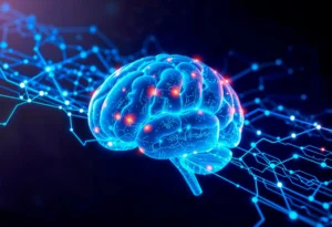 Leuchtendes digitales Gehirn vor dunklem Hintergrund mit blauen und orangefarbenen neuronalen Verbindungen in futuristischem KI-Design.