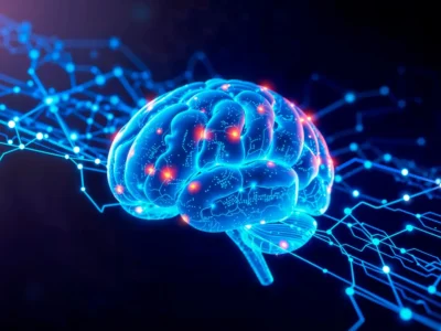 Leuchtendes digitales Gehirn vor dunklem Hintergrund mit blauen und orangefarbenen neuronalen Verbindungen in futuristischem KI-Design.