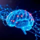 Leuchtendes digitales Gehirn vor dunklem Hintergrund mit blauen und orangefarbenen neuronalen Verbindungen in futuristischem KI-Design.