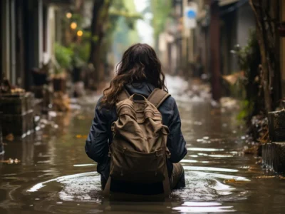 Person mit lockigem Haar, die mit sichtbarem Rucksack in einer überfluteten Straße sitzt, umgeben von verwüsteten Gebäuden und Wasser, das die Umgebung spiegelt.