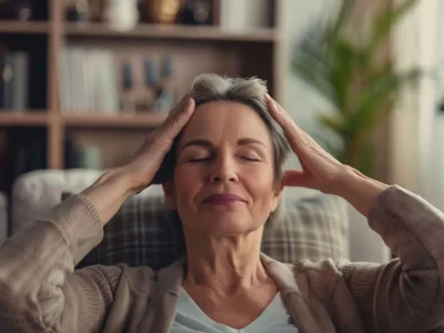 Ältere Frau mit geschlossenen Augen sitzt auf einem Sofa und hält die Hände an den Kopf; warmes häusliches Umfeld für Neurorehabilitation.