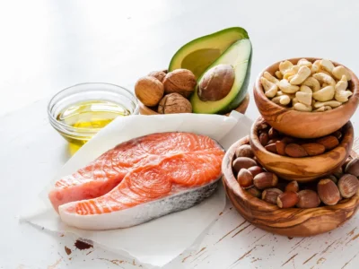 Zusammenstellung gesunder Lebensmittel: Lachs, Avocado, Olivenöl und Nüsse zur Veranschaulichung von Omega-3 und Aufmerksamkeit.