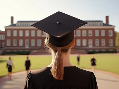 Person mit Talar und Doktorhut auf einem sonnigen Universitätscampus als Symbol für die Ausbildung in kognitiver Gesundheit