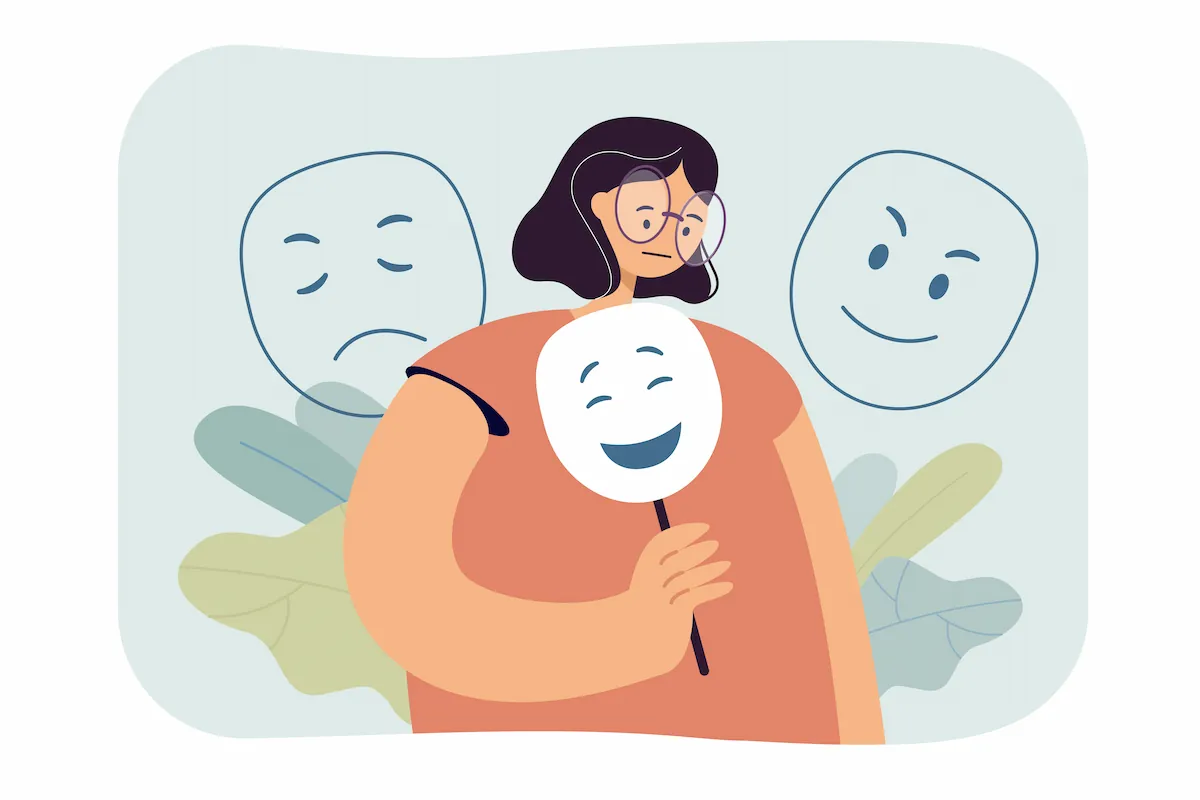 Frau mit lächelnder Maske und zwei dahinterliegenden Gesichtern, die Traurigkeit und Glück ausdrücken; sanfte, zeitgemäße Illustration.