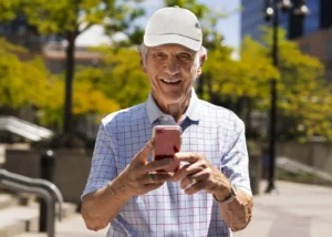 Lächelnder älterer Mann hält ein Mobiltelefon im Vordergrund; kariertes Hemd, weiße Mütze und sonniger urbaner Hintergrund.