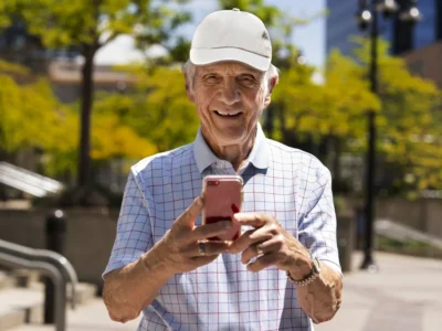 Lächelnder älterer Mann hält ein Mobiltelefon im Vordergrund; kariertes Hemd, weiße Mütze und sonniger urbaner Hintergrund.