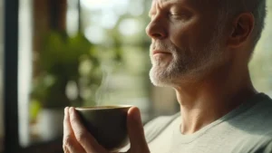 Mann mit Bart und grauem Haar hält eine dampfende Tasse in einer hellen, entspannenden Umgebung mit Pflanzen im Hintergrund und geschlossenen Augen.