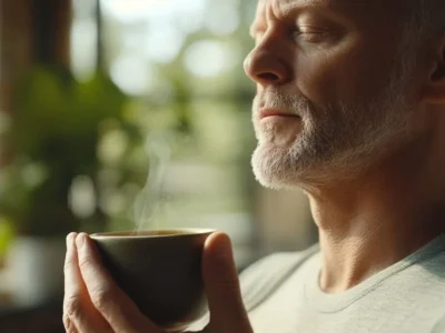 Mann mit Bart und grauem Haar hält eine dampfende Tasse in einer hellen, entspannenden Umgebung mit Pflanzen im Hintergrund und geschlossenen Augen.