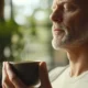 Mann mit Bart und grauem Haar hält eine dampfende Tasse in einer hellen, entspannenden Umgebung mit Pflanzen im Hintergrund und geschlossenen Augen.