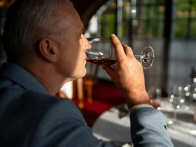 Älterer Mann im Anzug hält in einem eleganten Umfeld ein Weinglas und veranschaulicht die Neuropsychologie des Alkohols.