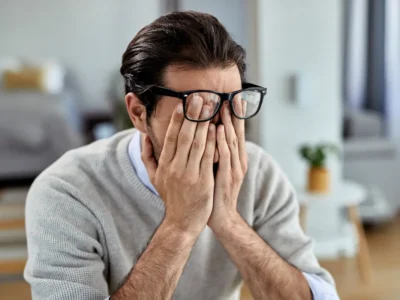 Mann mit Brille und hellem Pullover bedeckt in häuslicher Umgebung sein Gesicht mit den Händen und wirkt gestresst.