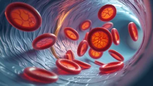 Innenansicht eines Blutgefäßes mit zirkulierenden roten Blutkörperchen, Darstellung des Plasma-p-tau217-Tests auf Alzheimer.