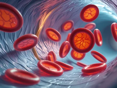 Innenansicht eines Blutgefäßes mit zirkulierenden roten Blutkörperchen, Darstellung des Plasma-p-tau217-Tests auf Alzheimer.