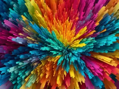 Abstrakte Darstellung mit einer Explosion aus leuchtenden Farben und ineinander verschlungenen Formen als Symbol für Synästhesie.