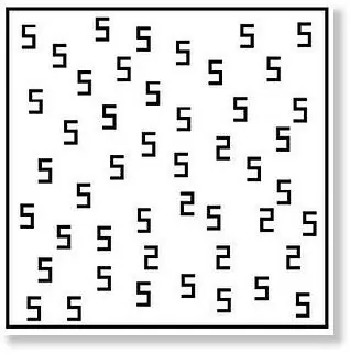 Darstellung von Synästhesie: Gitter mit überwiegend schwarzen 5en und verstreuten 2en auf weißem Hintergrund in sich wiederholendem Design.
