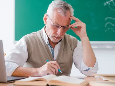 Lehrreiche Illustration: älterer Mann mit Brille sitzt vor Buch und Laptop vor einer grünen Tafel mit Gehirn und ADHS-Diagrammen