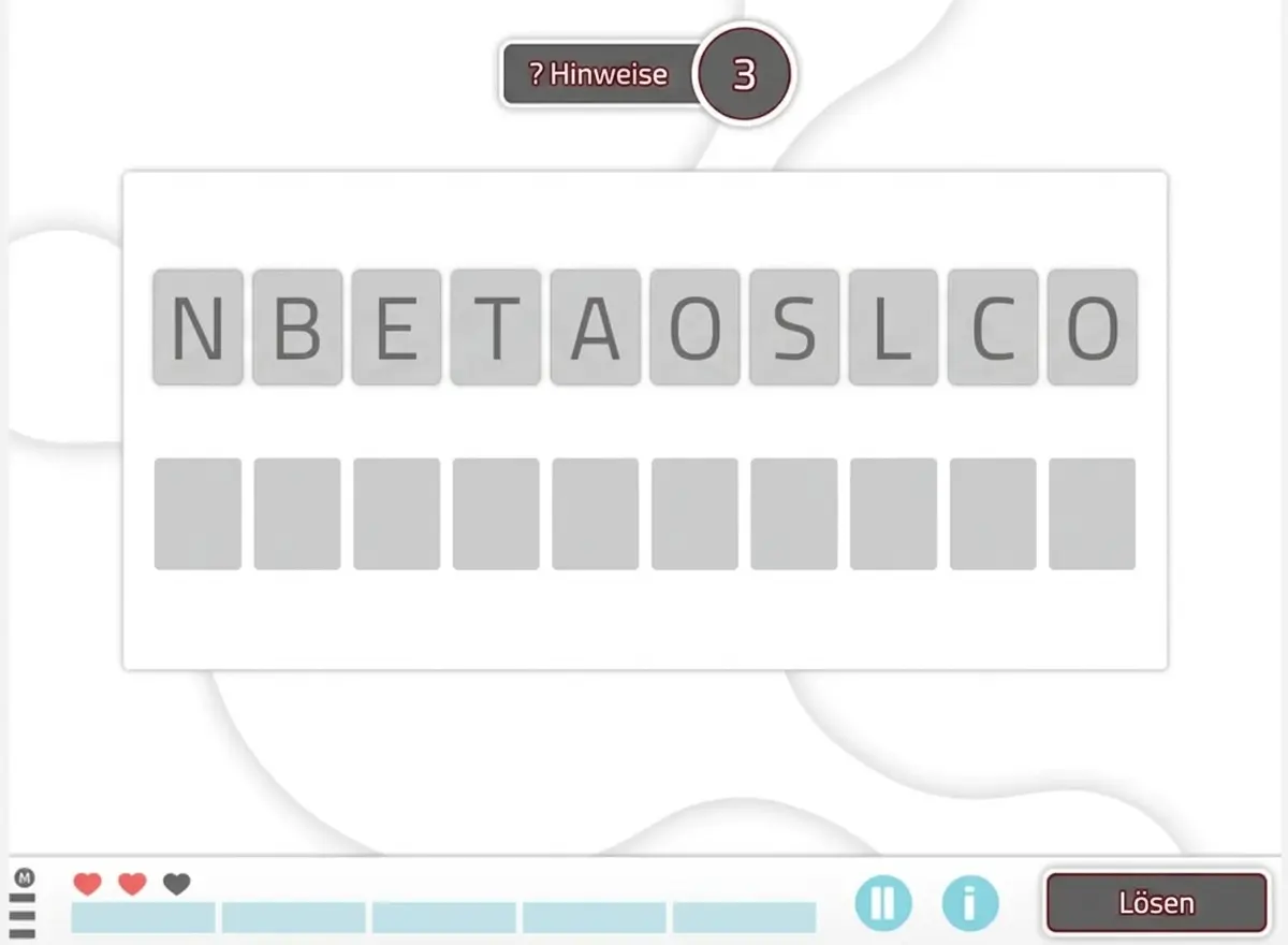 NeuronUP-Aktivität "Buchstabensalat" Ungeordnete Buchstaben NBETAOSLC auf neutralem Hintergrund mit Feldern zur Angabe der Wortlänge und Hinweisen zur Lösung