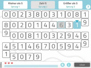 Zahlenraster mit drei Beschriftungen: kleiner als 5, Zahl 5, größer als 5; ausgewählte Antworten und Steuersymbole sind zu sehen.