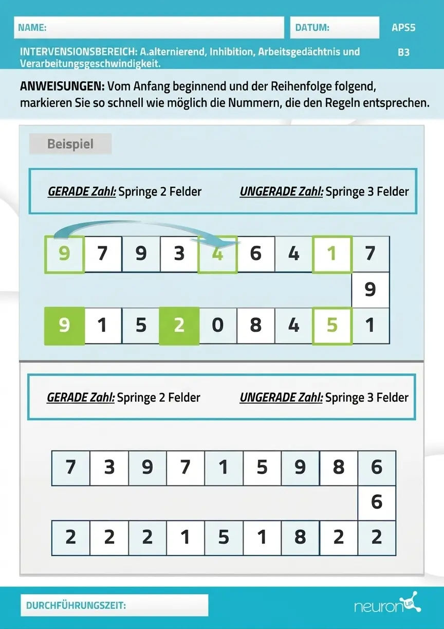 Zahlenraster auf Papier zur Identifizierung gerader und ungerader Zahlen, mit Beispiel sowie Feldern für Name und Datum.