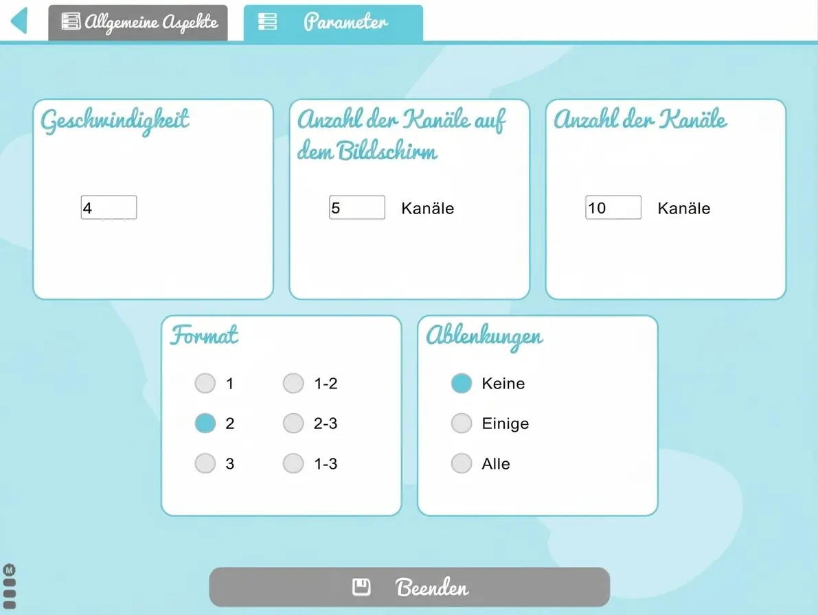 Benutzeroberfläche der Aktivität Erobere den Weltraum mit Parametern: Geschwindigkeit 4, 5 Kanäle auf dem Bildschirm und 10 Kanäle; blauer Hintergrund.