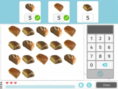 Screenshot eines Aufmerksamkeitsblatts für Erwachsene in NeuronUP: Brote in verschiedenen Formen und Zahlenfelder zur Eingabe der Antwort.