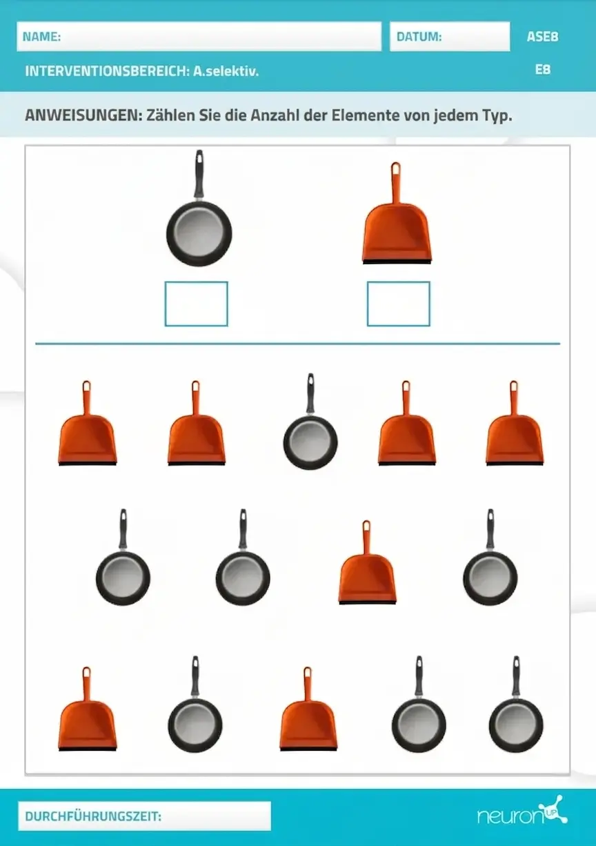 NeuroUP-Aktivität mit farbigen Pfannen und Pfannenwendern in einem Muster zum Zählen der vorhandenen Küchenutensilien.