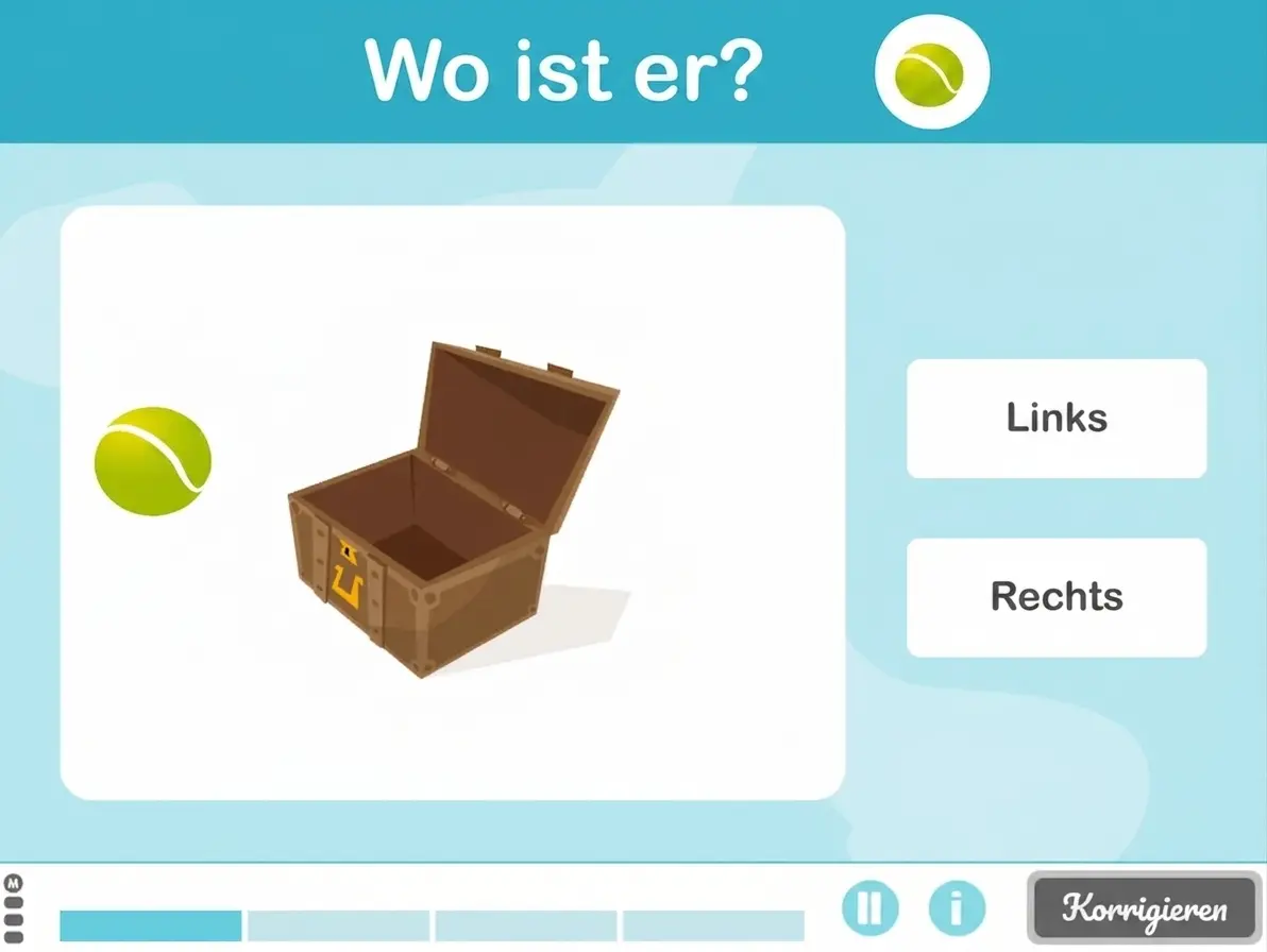 Geöffnete braune Truhe mit goldenem Schloss, ein Tennisball in der oberen linken Ecke und den Optionen Links und Rechts neben der Benutzeroberfläche.