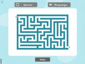Blaues Labyrinth in einer Lernoberfläche zur Überkreuzlateralität mit markierten Ein- und Ausgängen sowie den Schaltflächen Generieren, Lösung anzeigen und Weiter.