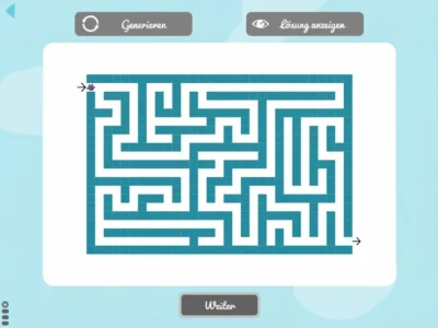 Blaues Labyrinth in einer Lernoberfläche zur Überkreuzlateralität mit markierten Ein- und Ausgängen sowie den Schaltflächen Generieren, Lösung anzeigen und Weiter.