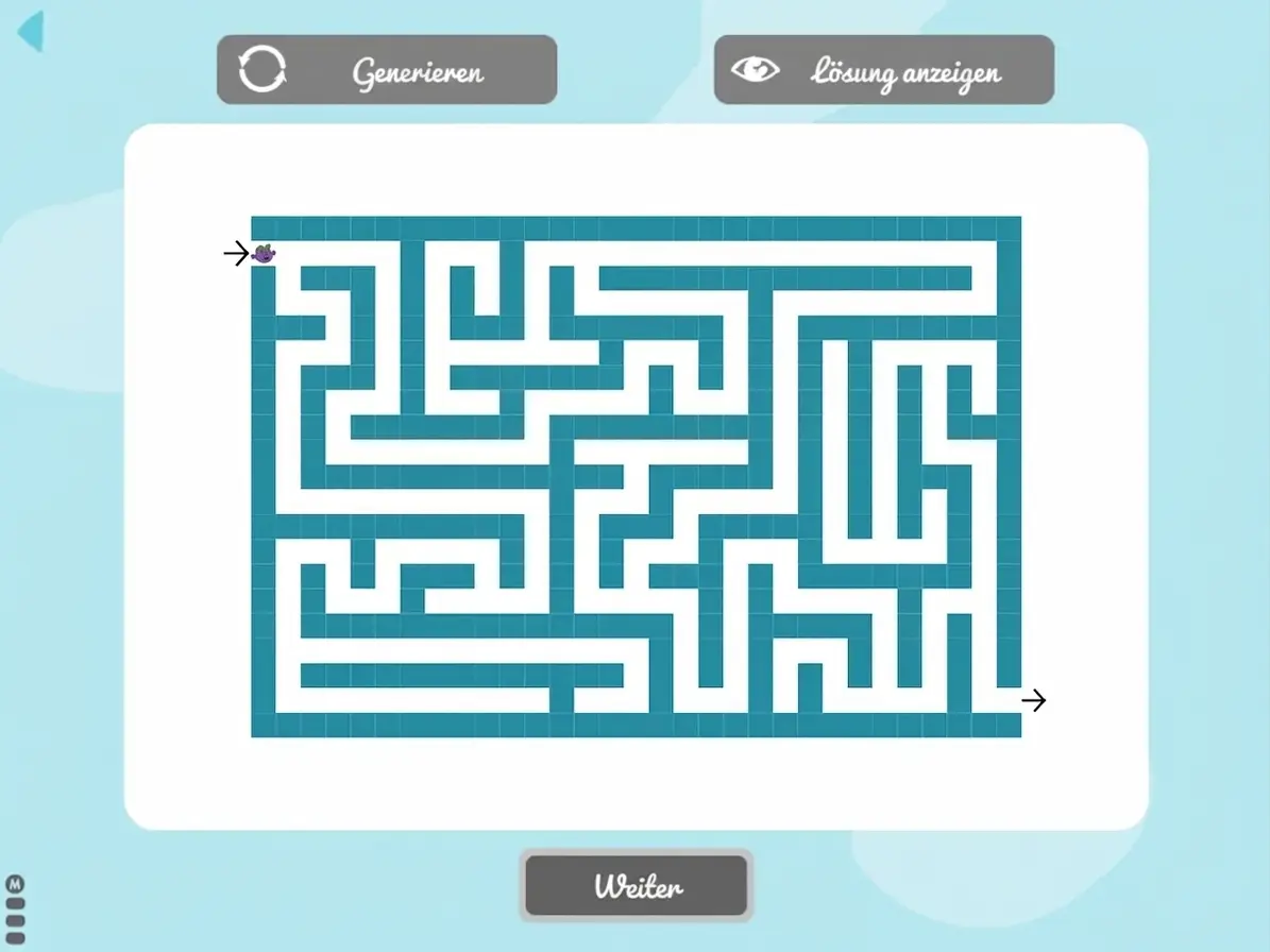 Blaues Labyrinth in einer Lernoberfläche zur Überkreuzlateralität mit markierten Ein- und Ausgängen sowie den Schaltflächen Generieren, Lösung anzeigen und Weiter.